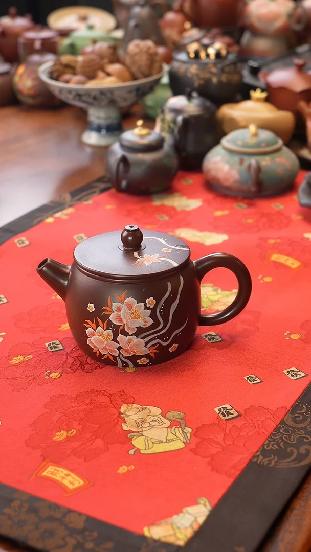 茶壶紫砂紫朱泥汉瓦壶 花香蝶