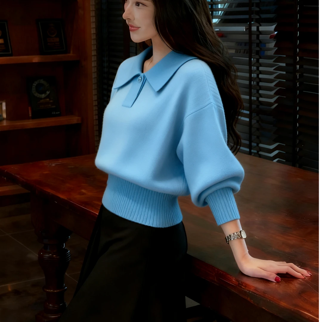 轻奢风秋冬常规针织翻领长袖女针织衫撞色洋气时尚爆款上衣女蓝色
