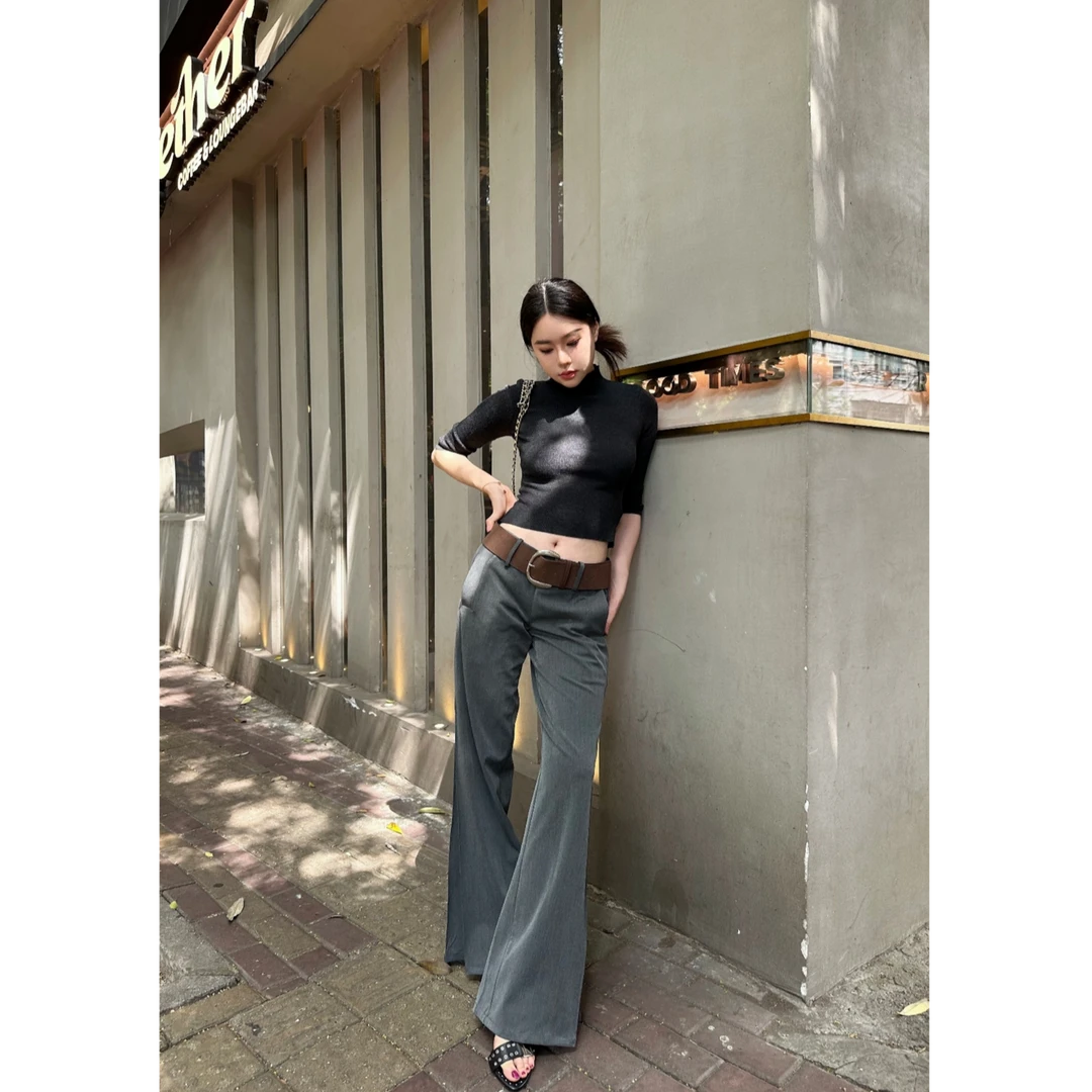 小个子西装长裤女秋冬加绒加厚低腰垂感长裤显瘦微喇叭休闲拖地裤