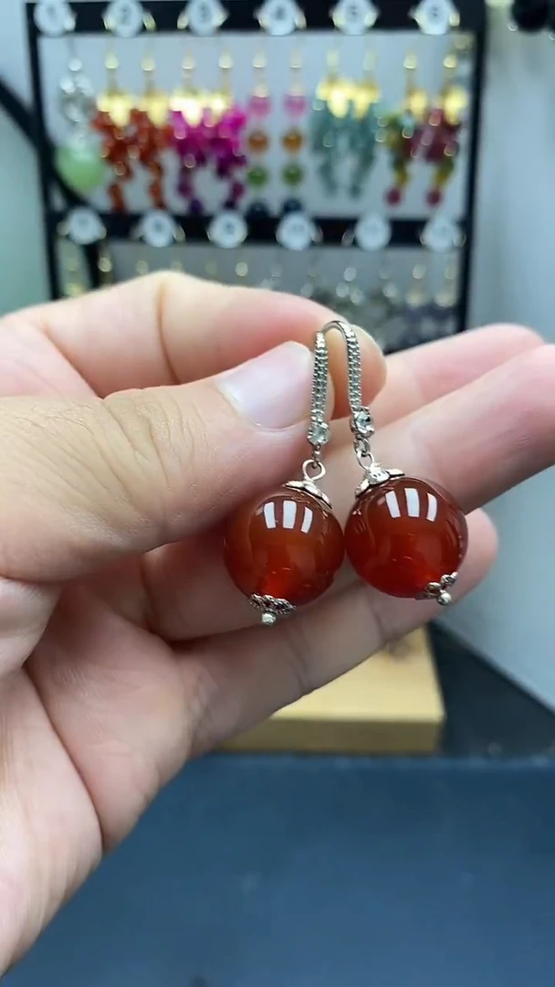 银S925镶嵌南红玛瑙耳饰尺寸16mmW4