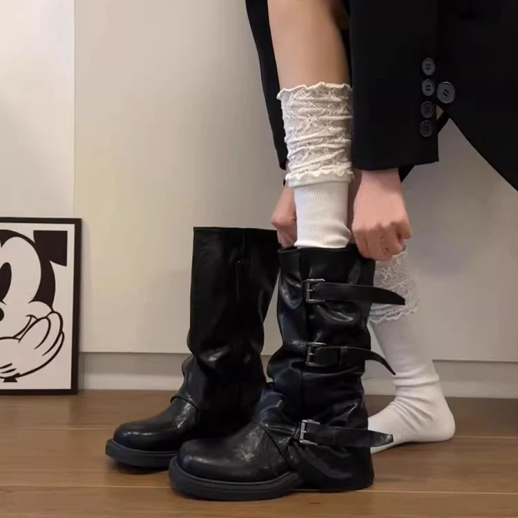 皮带扣褶皱厚底中筒靴女2025秋冬季新款爆款裤管西部拖鞋女鞋外穿