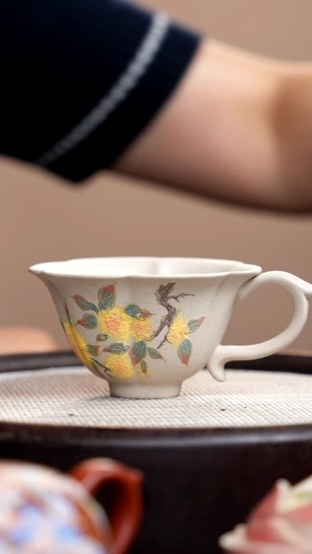 茶壶紫砂白玉段桂花手把杯