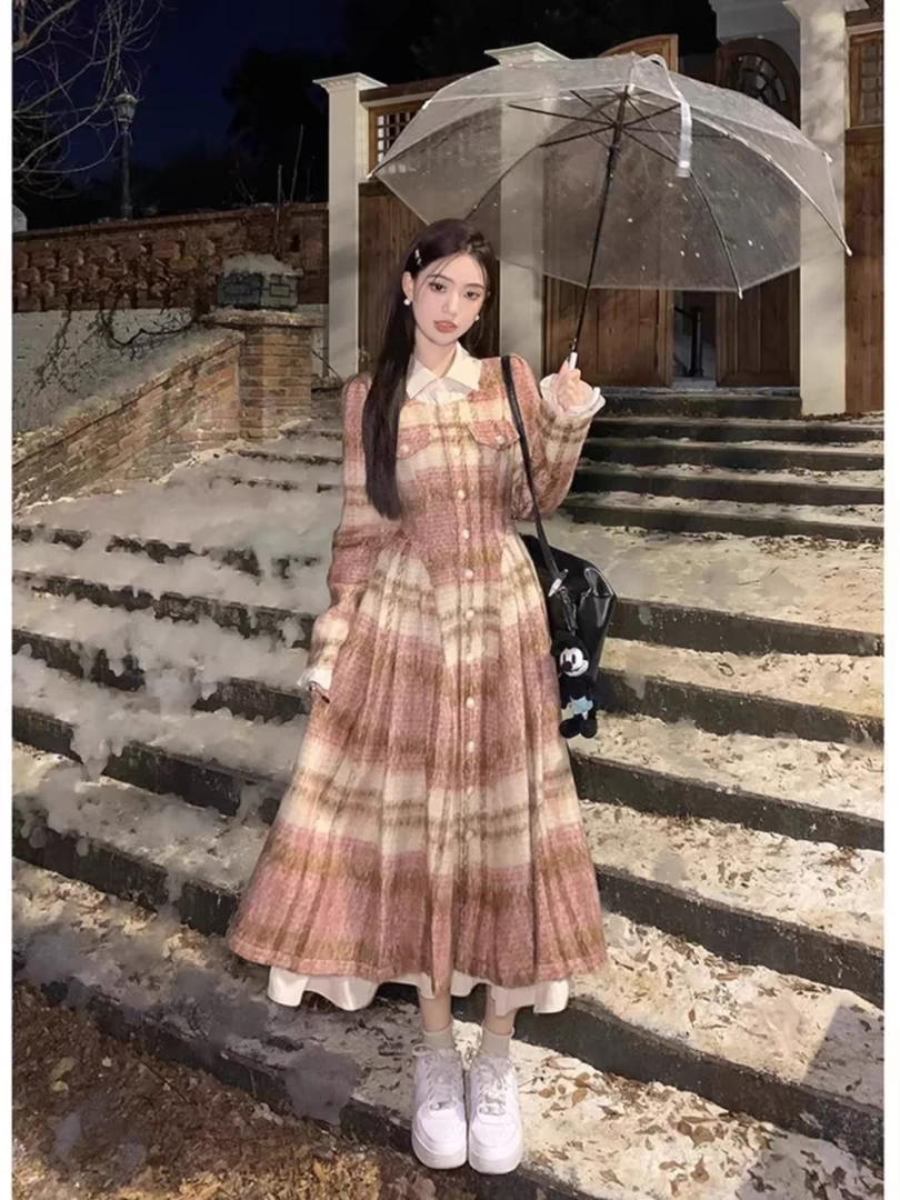 粉色格子拼接衬衫领假两件法式甜美连衣裙毛呢外套女秋冬