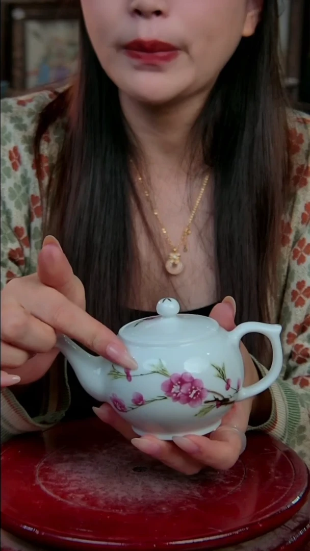 摆件陶景德镇陶瓷摆件水点桃花手把壶