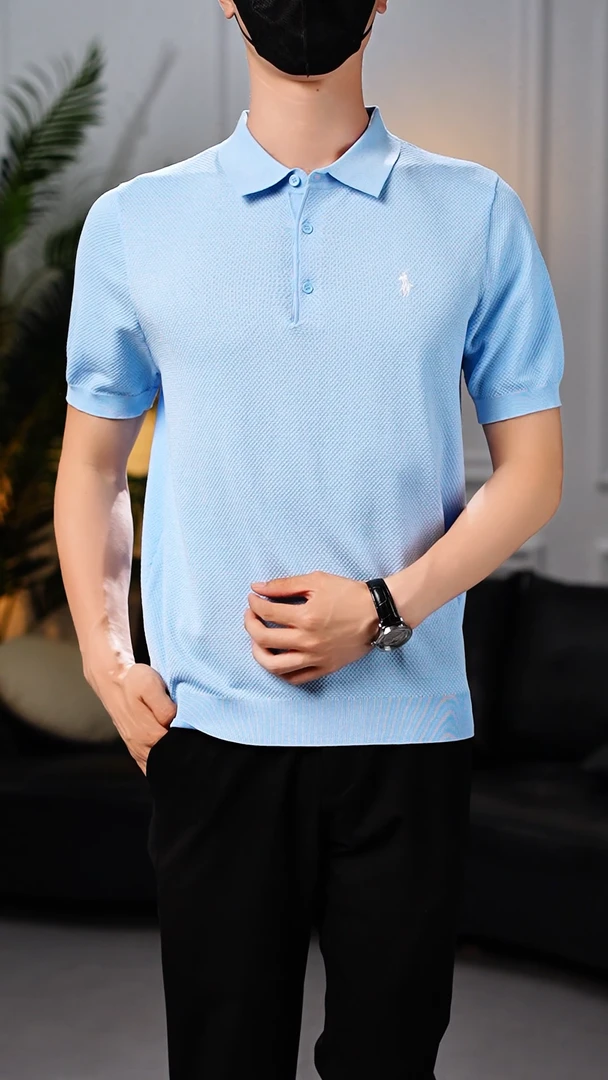 【冰感】夏季休闲翻领舒适时尚透气男士纯色百搭针织衫