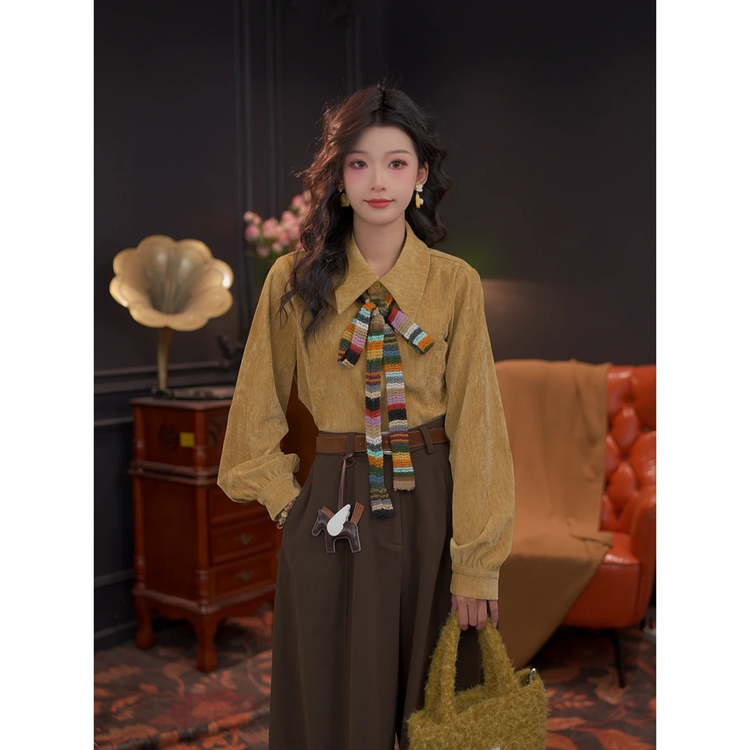 思思复古【初妍】长袖女秋冬内搭打底宽松衬衣衬衫#G14861