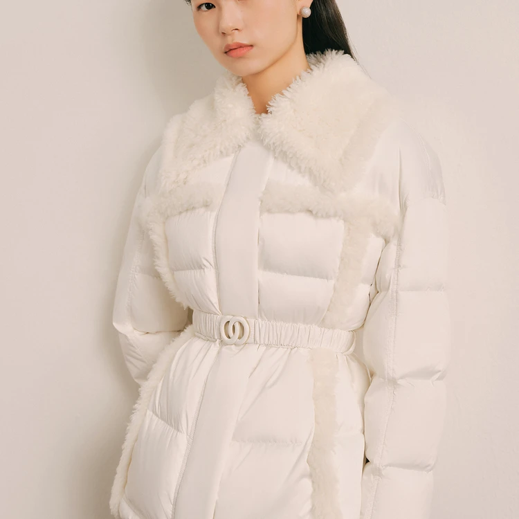 OBBLIGATO奥丽嘉朵米白色羊毛翻领logo扣鹅绒羽绒服1C64508590