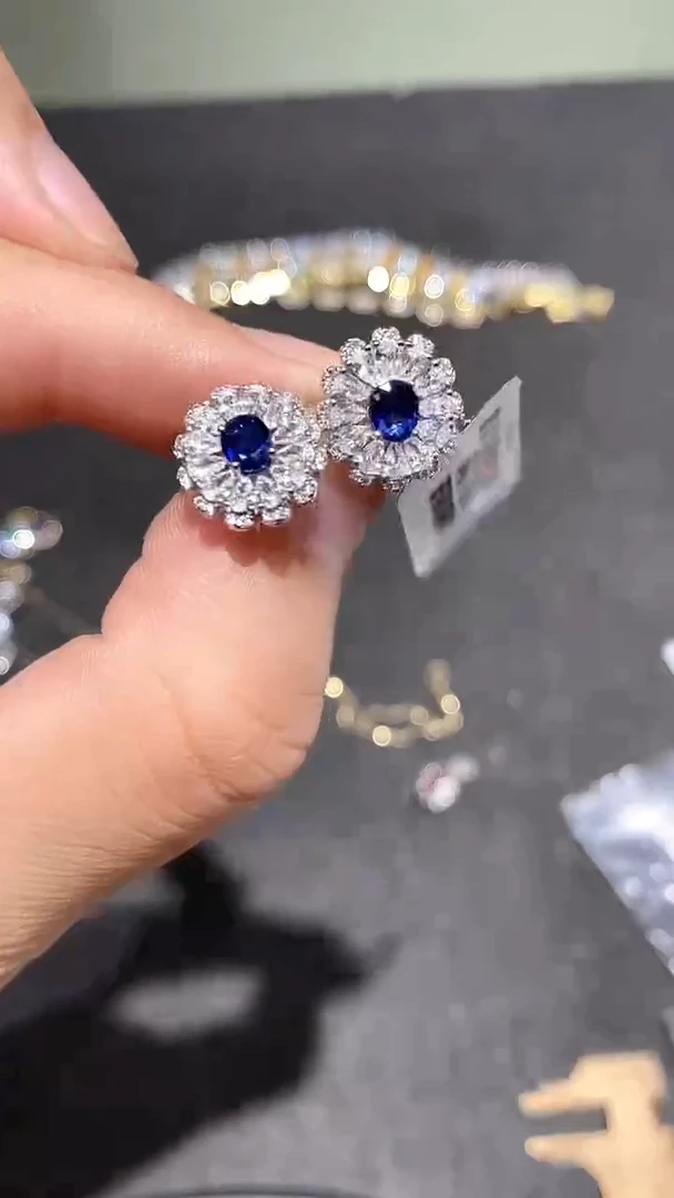 耳饰蓝宝石银S925镀金镶嵌耳钉