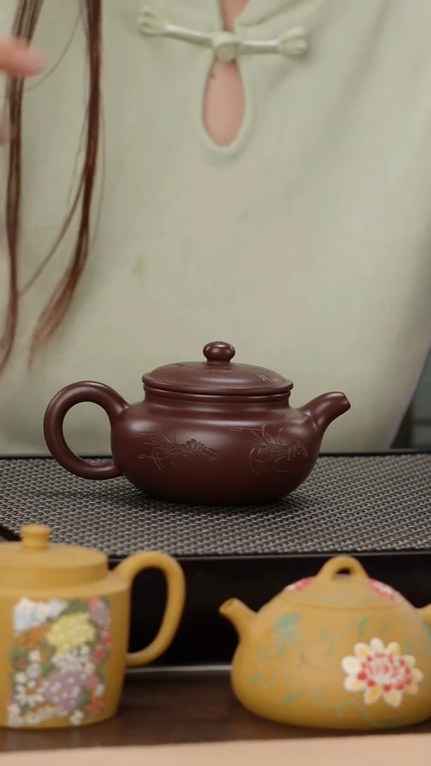茶壶紫砂紫袍玉砂精工刻绘仿古160cc
