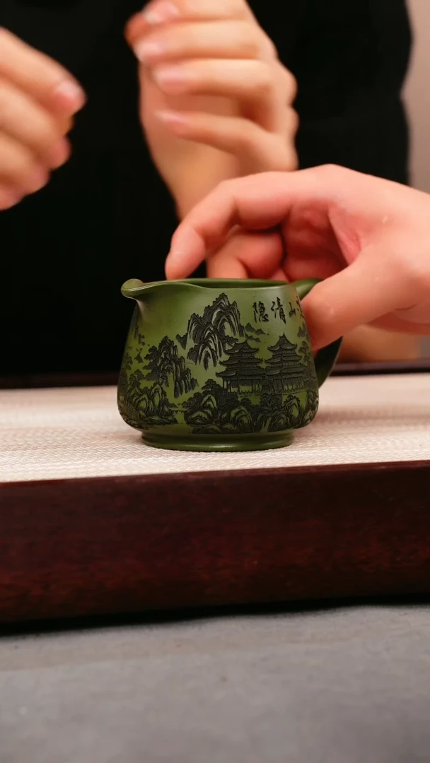 茶壶紫砂绿泥 山水公道杯