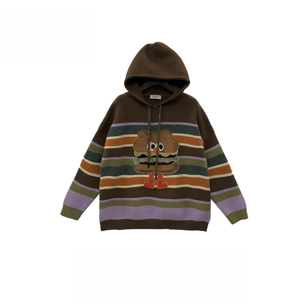 【小汉堡】冬季新款加厚复古条纹撞色连帽套头毛衣201157