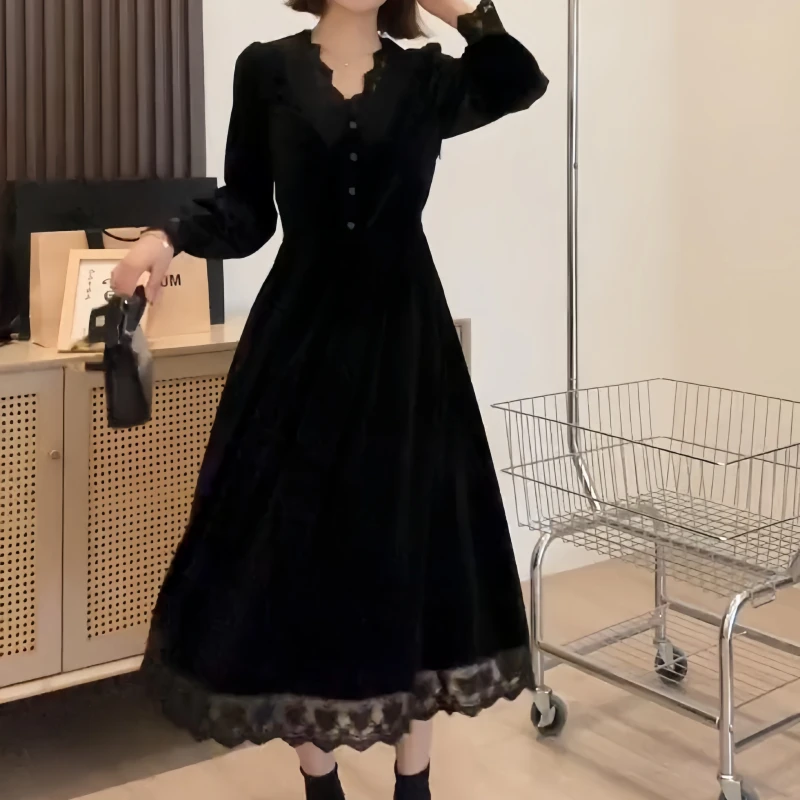 通勤长裙复古中长裙长款秋季时尚连衣裙韩版法式V领收腰显瘦遮肉