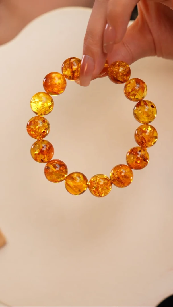 手链琥珀（花珀）未镶嵌14+花珀单圈圆珠手串（满花）