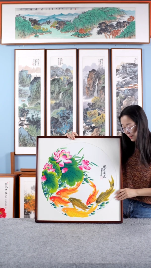 【闪购商品】国画张恒《连年有余》手绘带框63*63