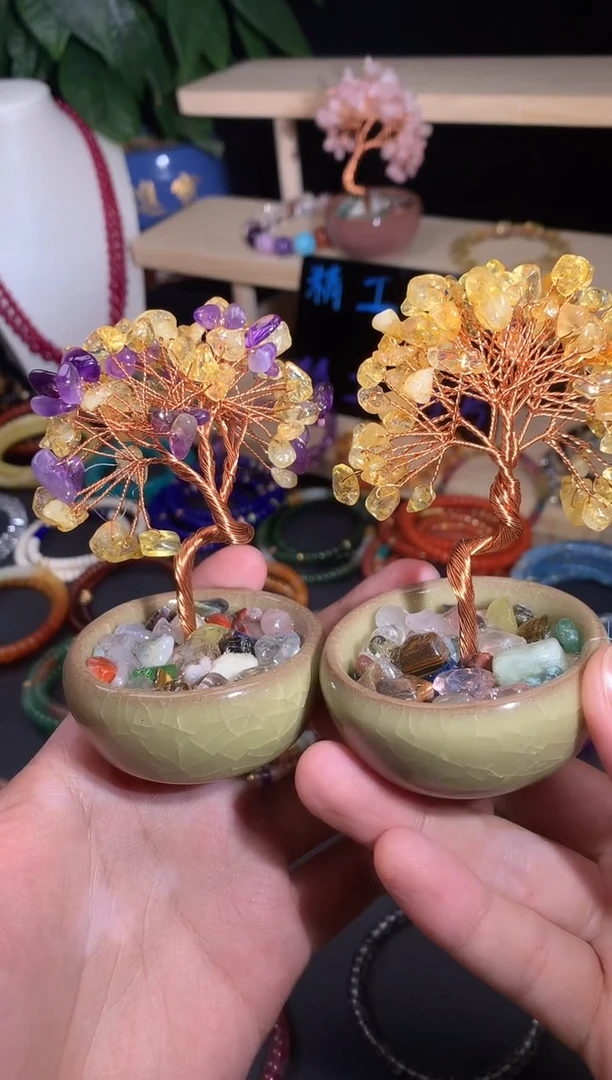 天然辰砂盆栽紫晶黄水晶