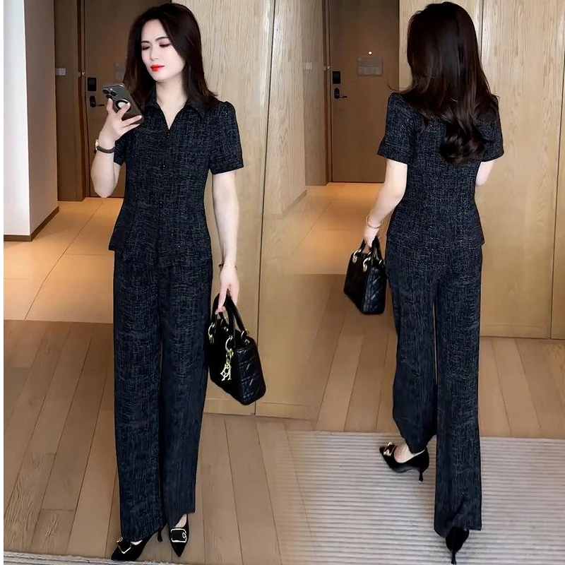 2025时尚套装女夏季新款时髦洋气质减龄V领短袖衬衣阔腿裤两件套