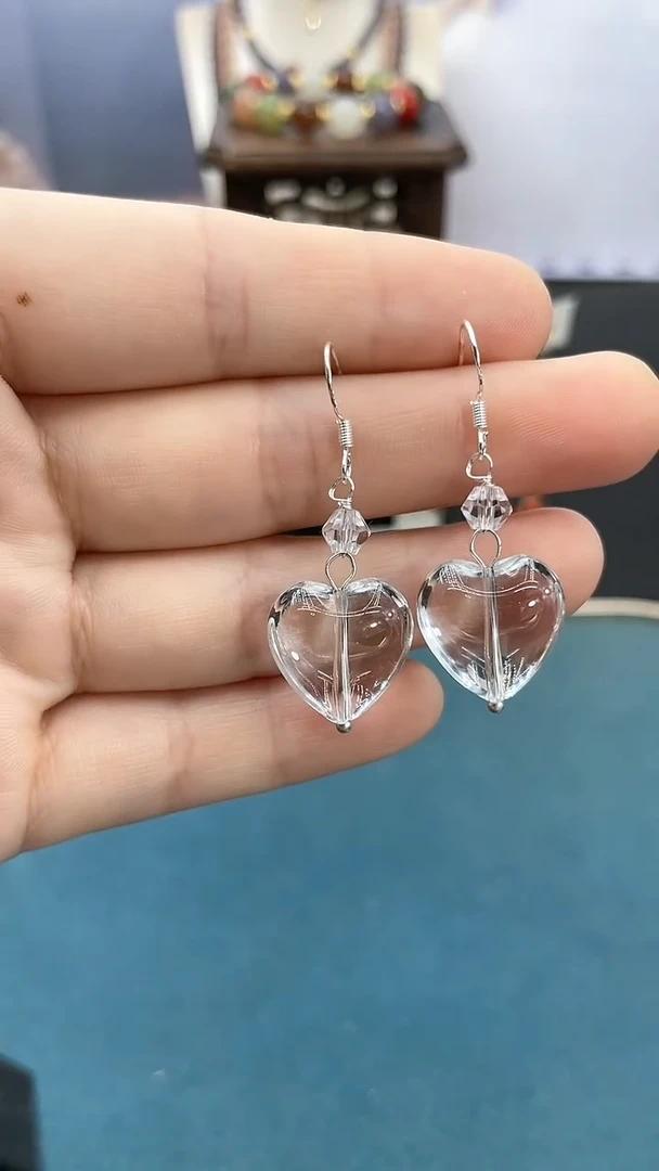 水晶耳饰银S925镶嵌爱心耳钩