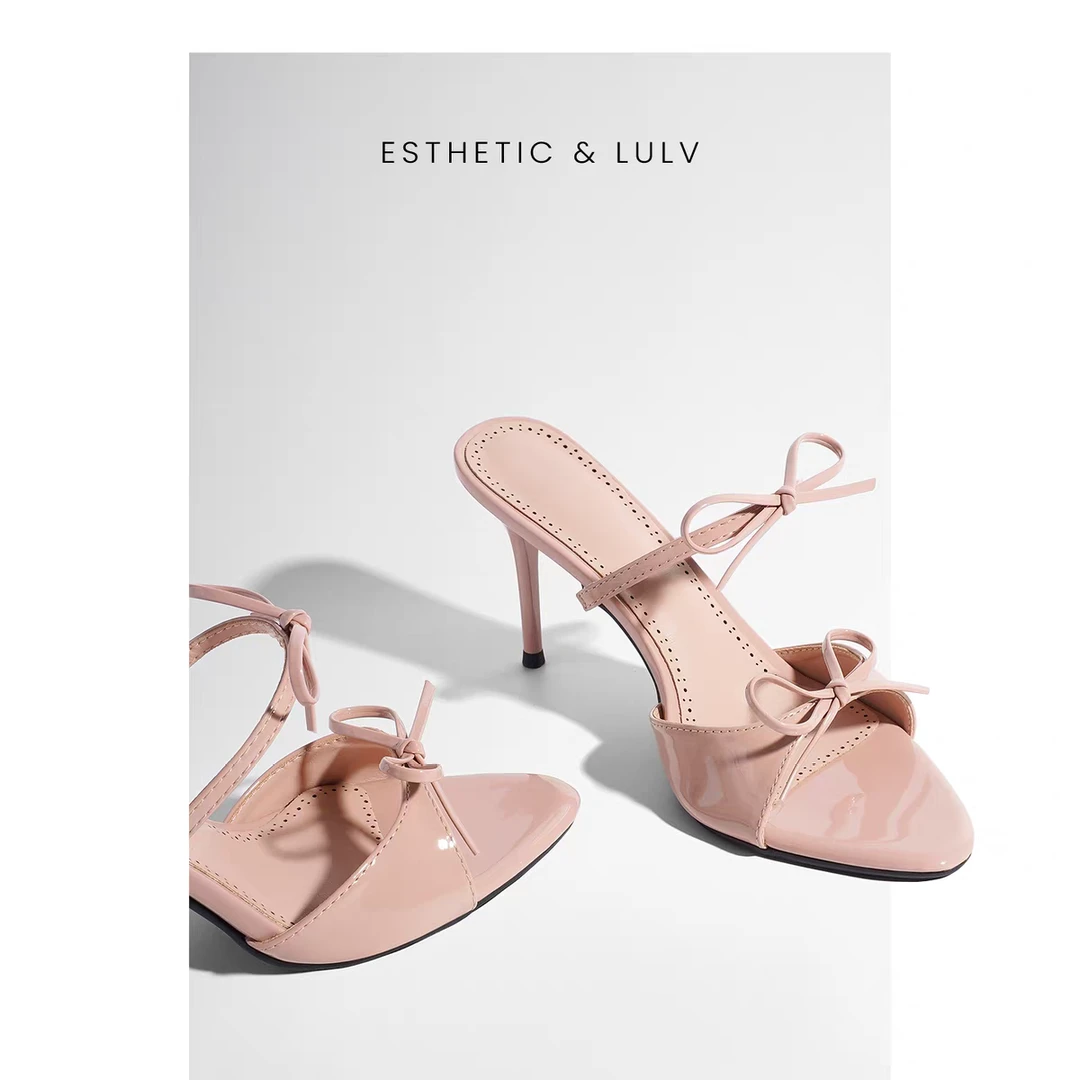 elingstudio 温柔到犯规!裸色一字带蝴蝶结凉鞋女夏季细高跟鞋子