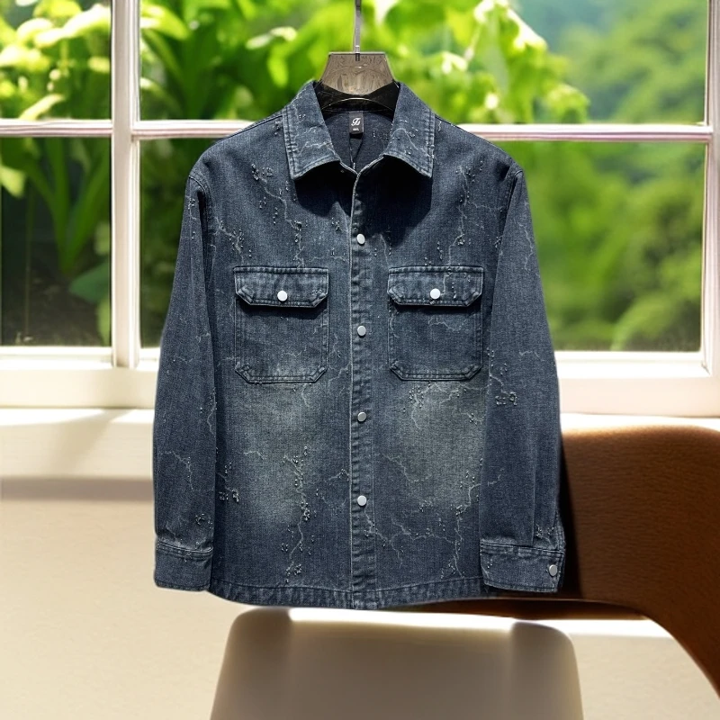 娜罗普西潮流个性水洗翻领牛仔衣男士秋季休闲百搭牛仔外套上衣潮