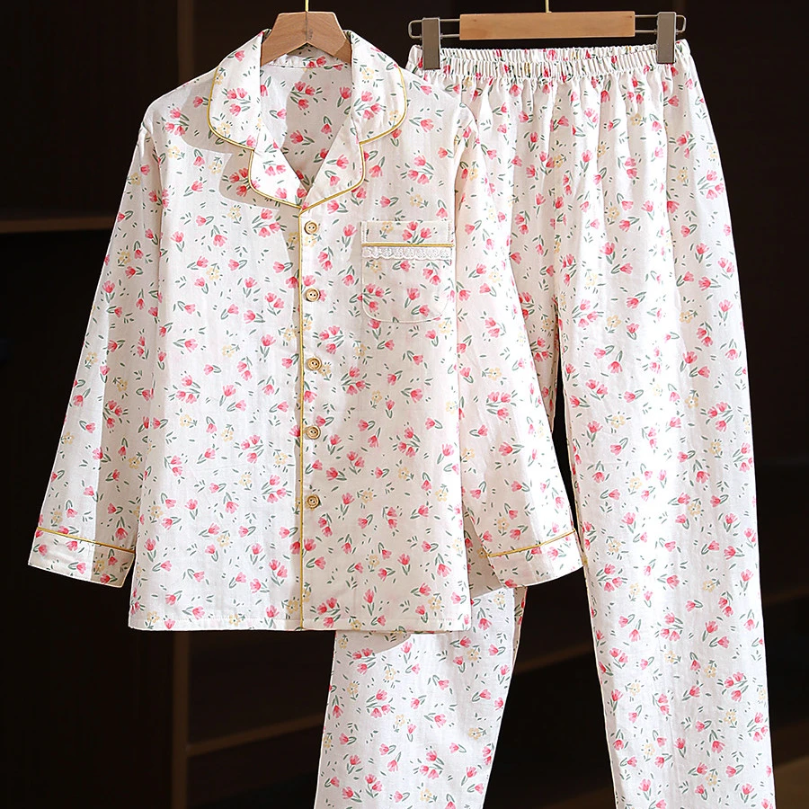 女士纯棉双层纱布睡衣两件套 新款柔软亲肤长袖春秋季家居服套装