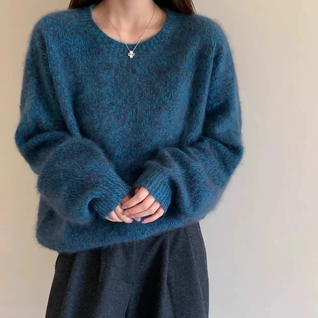 HH女秋季长袖保暖圆领针织衫纯色秋冬花纱羊毛拉绒毛衣YF1028