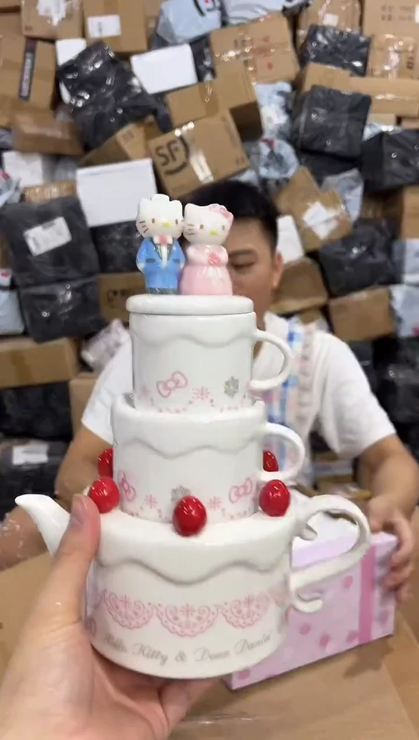 瓷片原盒kt猫结婚茶壶套组