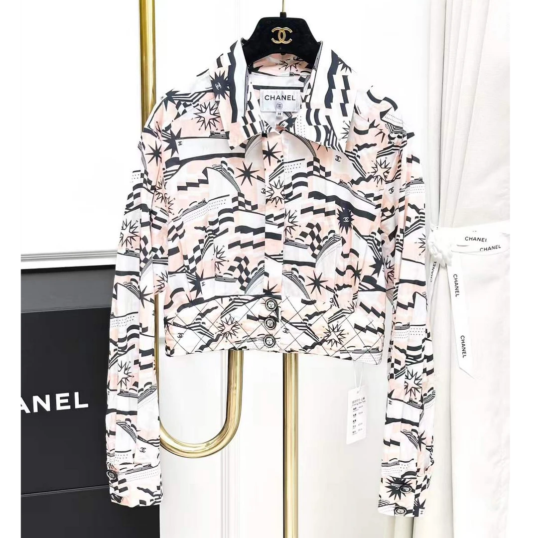 99新 Chanel/香奈儿 38码19C游轮系列航海图案满印花衬衫上衣
