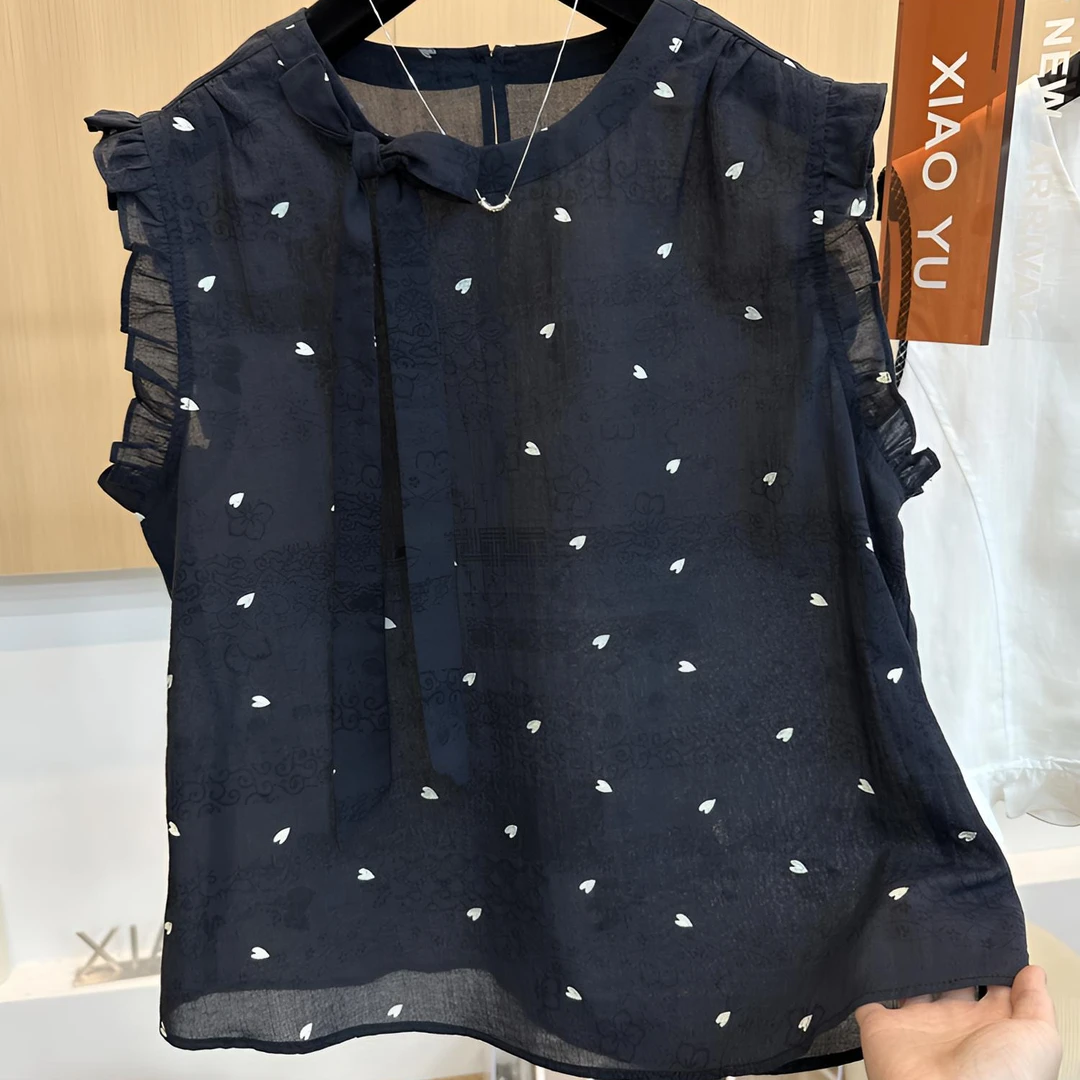 法式爱心印花小衫韩版蝴蝶结显瘦无袖背心女衬衫波点气质小个子