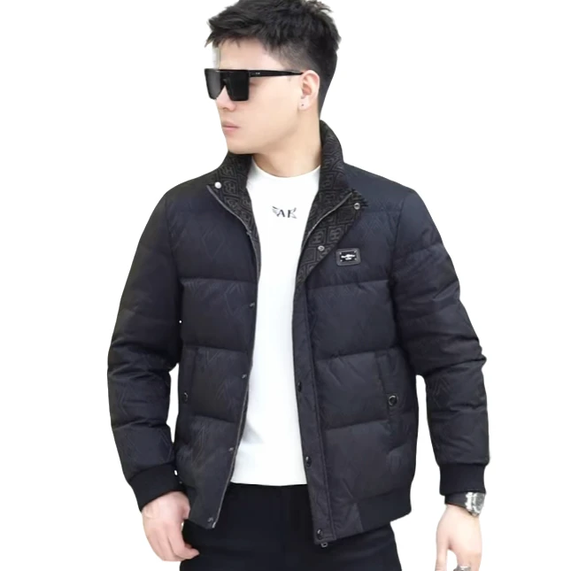 ZSH8566男士休闲暗纹拼色立领短款羽绒服