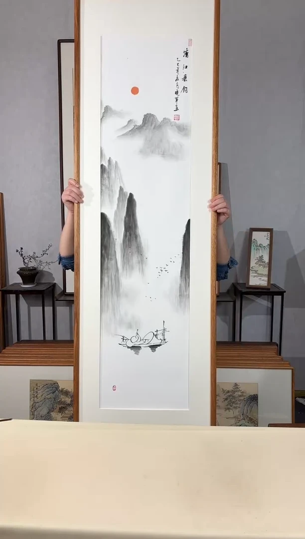 国画手绘*清江垂钓*52*172cm带框发货