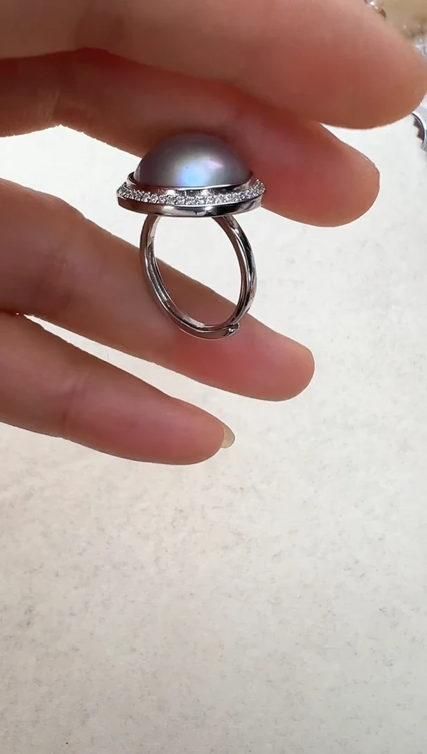 【闪购商品】拼合珍珠（马贝珠）戒圈银S925镶嵌灰色戒指