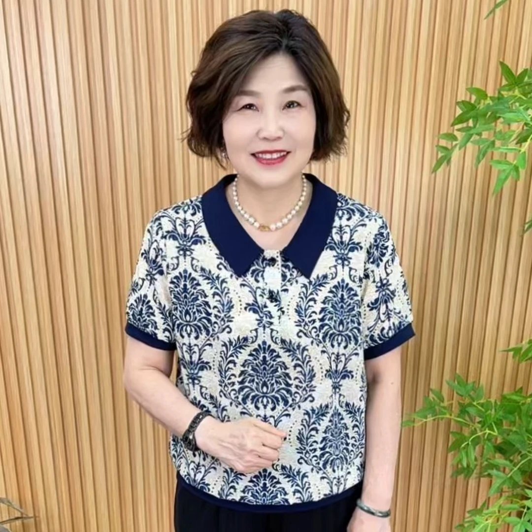 常规时尚宽松型娃娃领薄款休闲风中老年女装高贵短袖V8873夏季