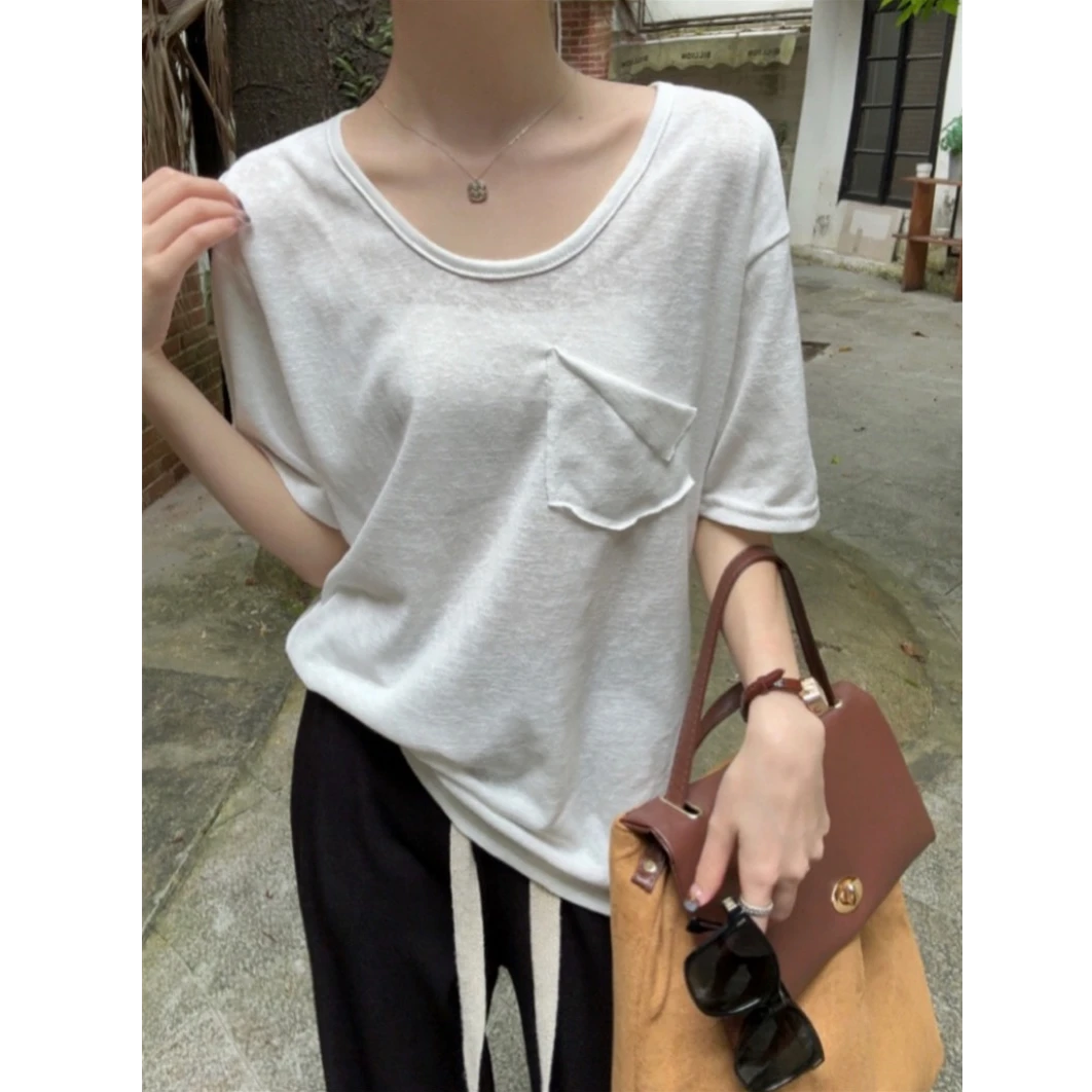 2025夏季新款竹节棉短袖T恤女U领宽松显瘦上衣