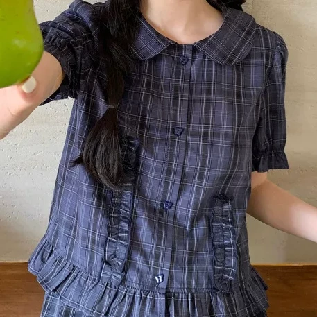 【鱼白专属】法式小个子复古衬衣女夏短袖衬衫长款半身裙子7118