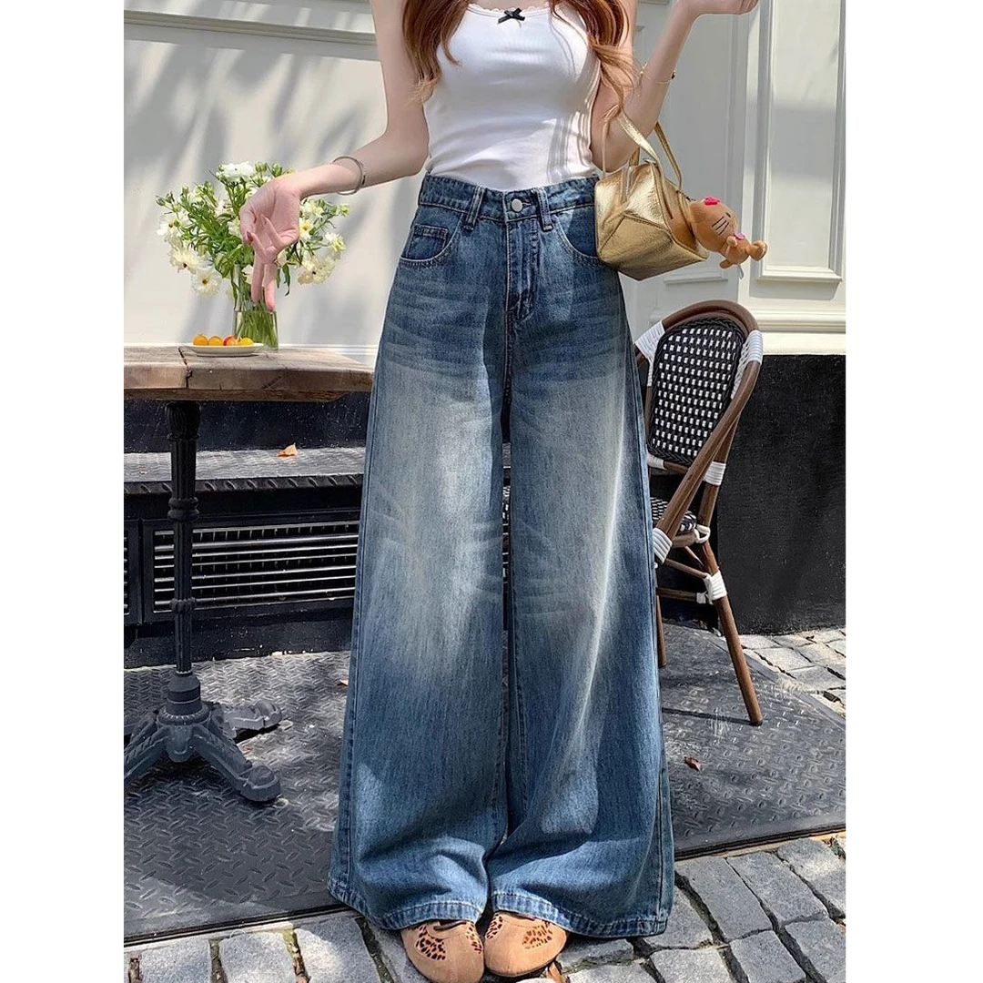 美式复古蓝色微喇阔腿牛仔裤女夏季新款高腰垂感显瘦喇叭拖地裤