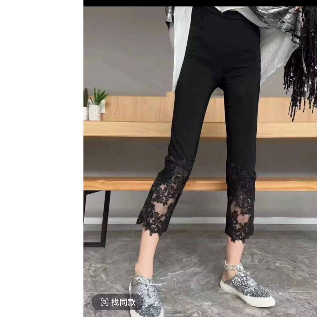 【小二姐家】2025时尚百搭重工八分蕾丝镂空弹力显瘦女裤