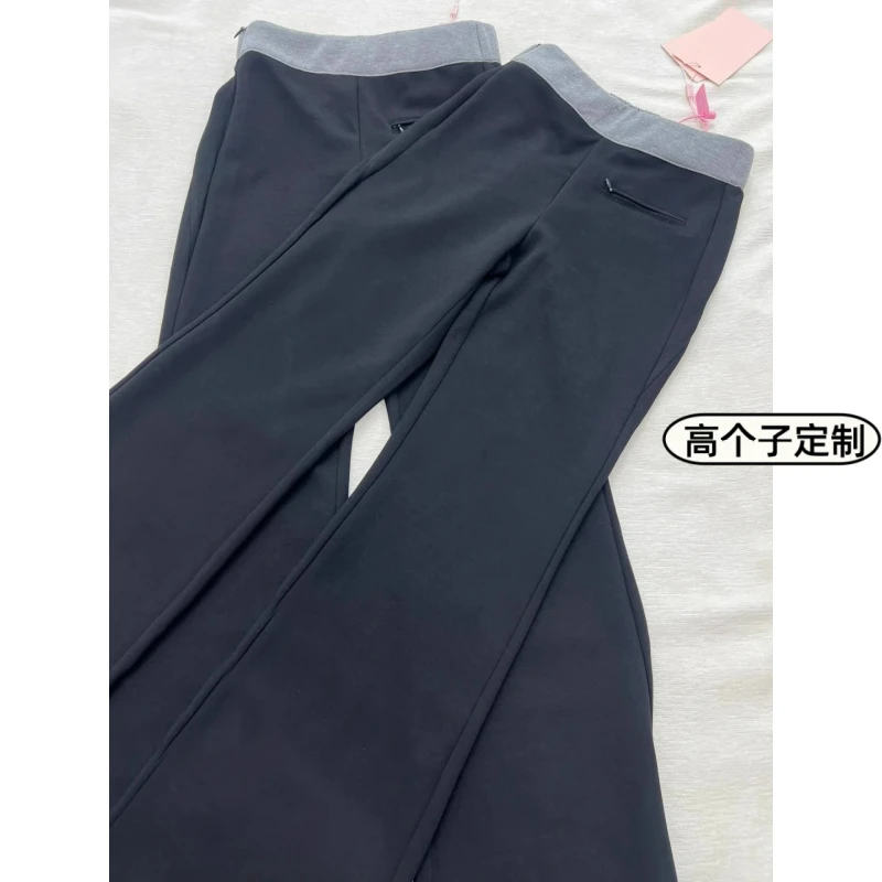 180高个子175加长黑色高腰微喇叭裤女小众拼接修身运动休闲拖地裤