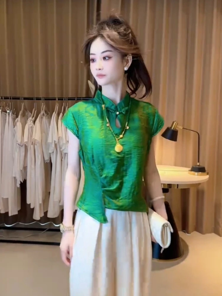 新中式国风绿色上衣夏季高级感超好看收腰盘扣衬衫休闲裤子套装女