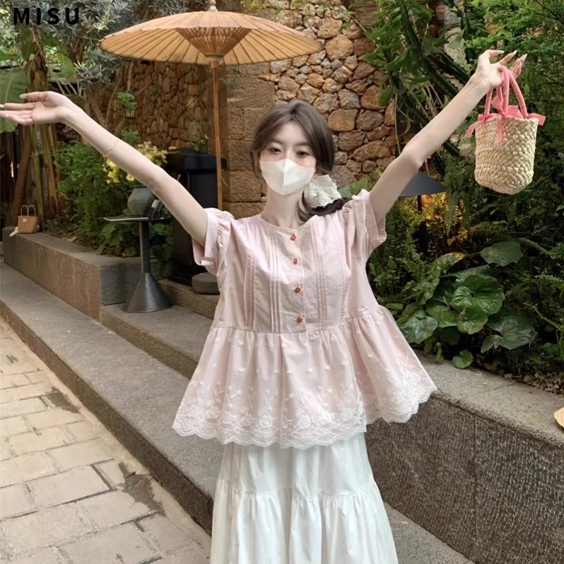 边拼接花朵扣子短袖衬衫女夏季宽松减龄粉色衬衣甜美显瘦上衣