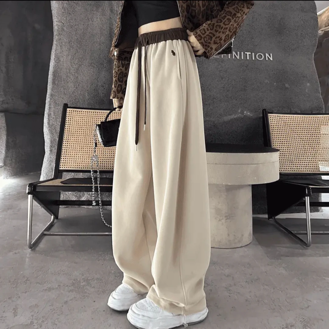 刺绣拼色高腰束脚两穿阔腿卫裤女一裤两穿拖地裤