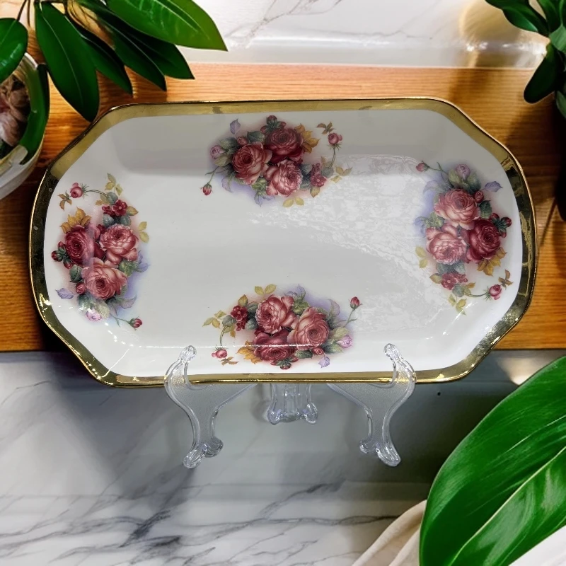 新疆包邮【新玫瑰patnus】金边色玫瑰花纹长方形盘子陶瓷材质盘子