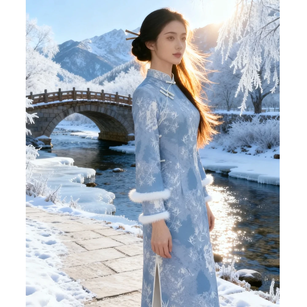 苏故里【青山黛雨】加绒秋冬文艺复古高端日常旗袍奢华气质衣长120