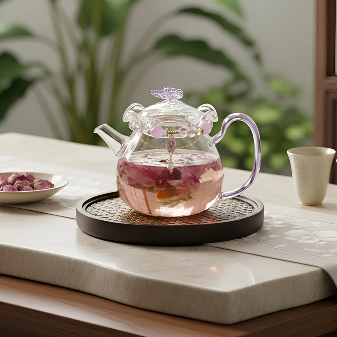 小蝴蝶花口壶350ml高硼硅材质耐高温加厚玻璃茶具泡茶煮茶壶