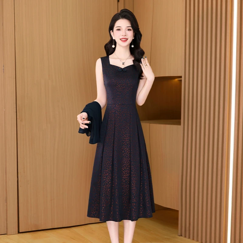 拉夏贝尔中式盘扣连衣裙2025夏季轻奢高级感小个子时尚两件套装裙