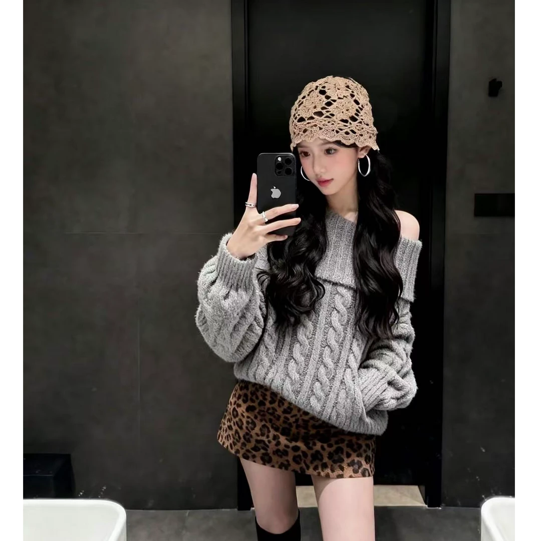 毛针织上衣一字肩性感辣妹外穿洋气休闲百搭气质显瘦豹纹半身裙