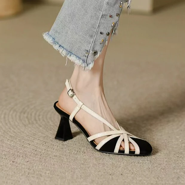 羊皮7公分粗跟凉鞋夏季时尚小众仙女风一字带法式气质百搭高跟鞋