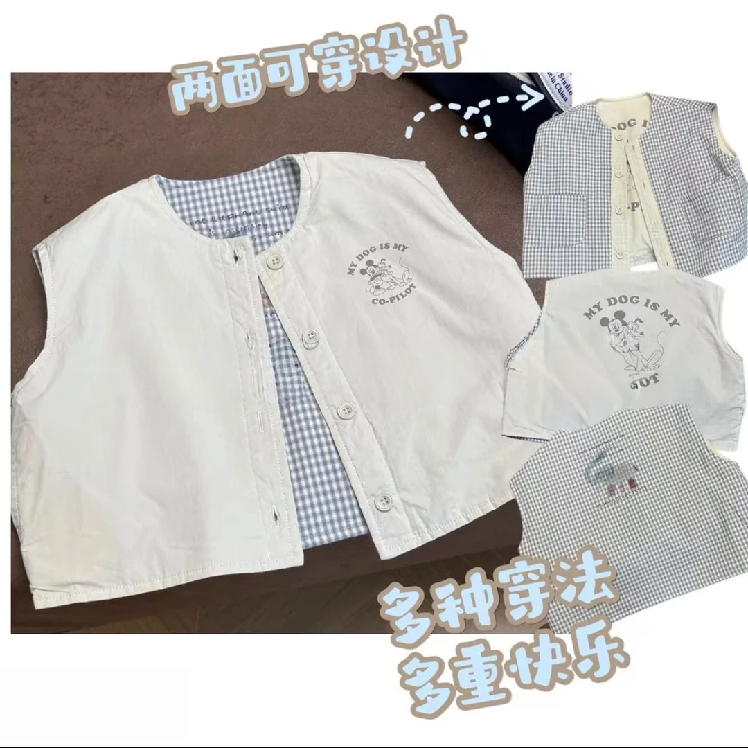 韩系双面卡通格子马甲背心韩版男童女童休闲2025秋季上新品质童装