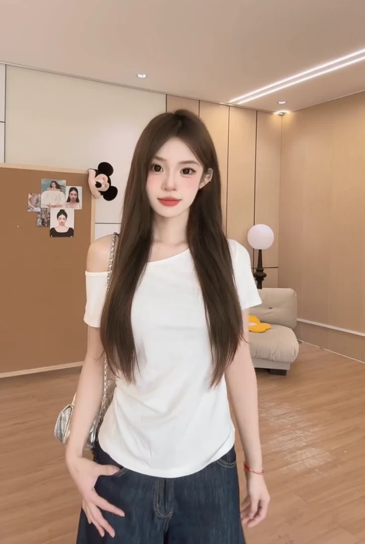 欧货2025春夏新款简约时髦休闲百搭纯色斜肩露肩显瘦短袖T恤上衣