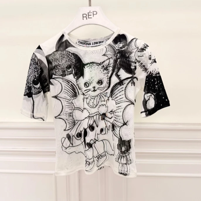 CHOPOVA LOWENA设计师品牌白色印花纱网短袖T 25SS 早春穿搭