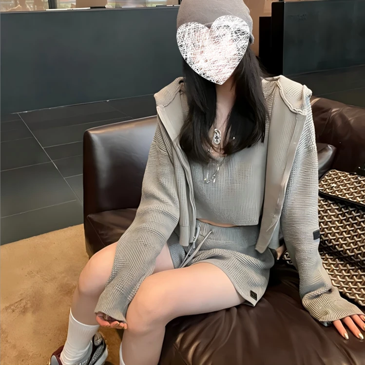 连帽针织开衫女秋季长袖宽松美式复古慵懒风毛衣外套上衣8021#